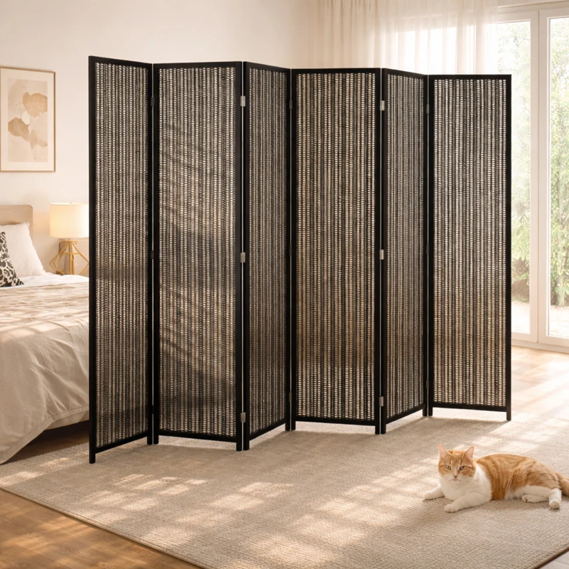 HOMCOM Folding Privacy Screen, 6 Panel Room Divider, Freestanding Partition with Handwoven Bamboo and Pine Wood Frame, Black