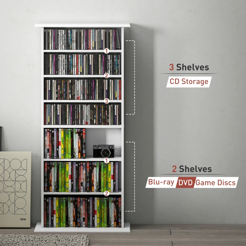 HOMCOM 8-Tier DVD Shelf with 6 Adjustable Shelves, Slim CD Shelf, Holds 360 CDs, 185 DVDs or 185 Blu-rays, White