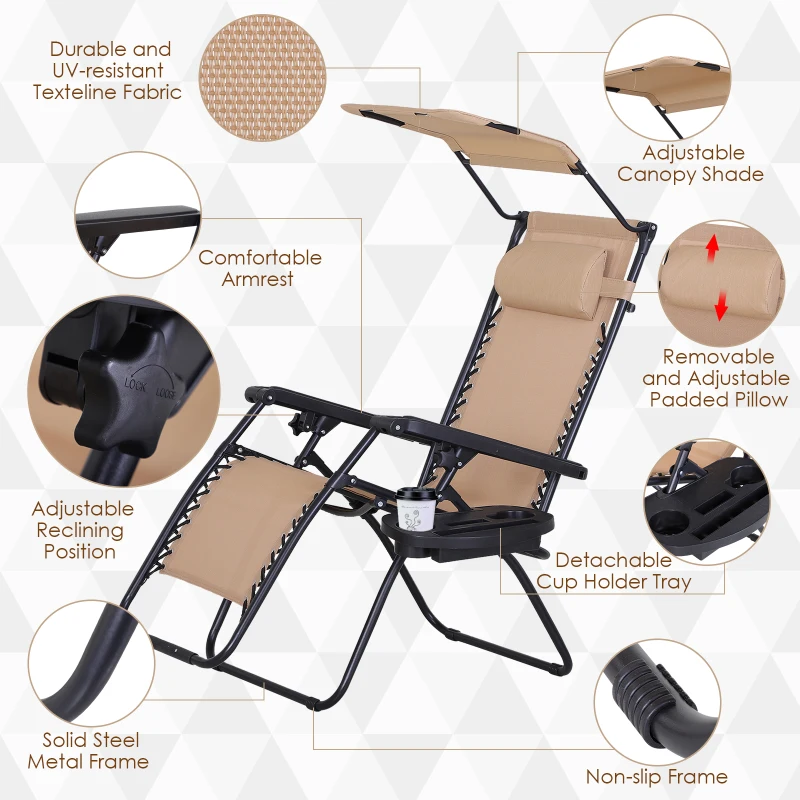 Outsunny 2 Piece Foldable Lounge Chair with Canopy Shade, Outdoor Zero Gravity Chair with Side Tray & Cup Holder, Reclining Lounger with Breathable Mesh Fabric Seat, Pillow, Beige