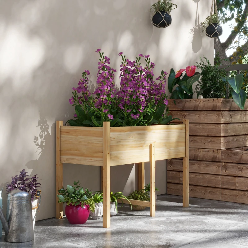 Outsunny Wooden Raised Planter Box with Drain Holes for Vegetables, Flowers, Outdoor Garden Bed, 45.3x21.7x31.5inch, Natural