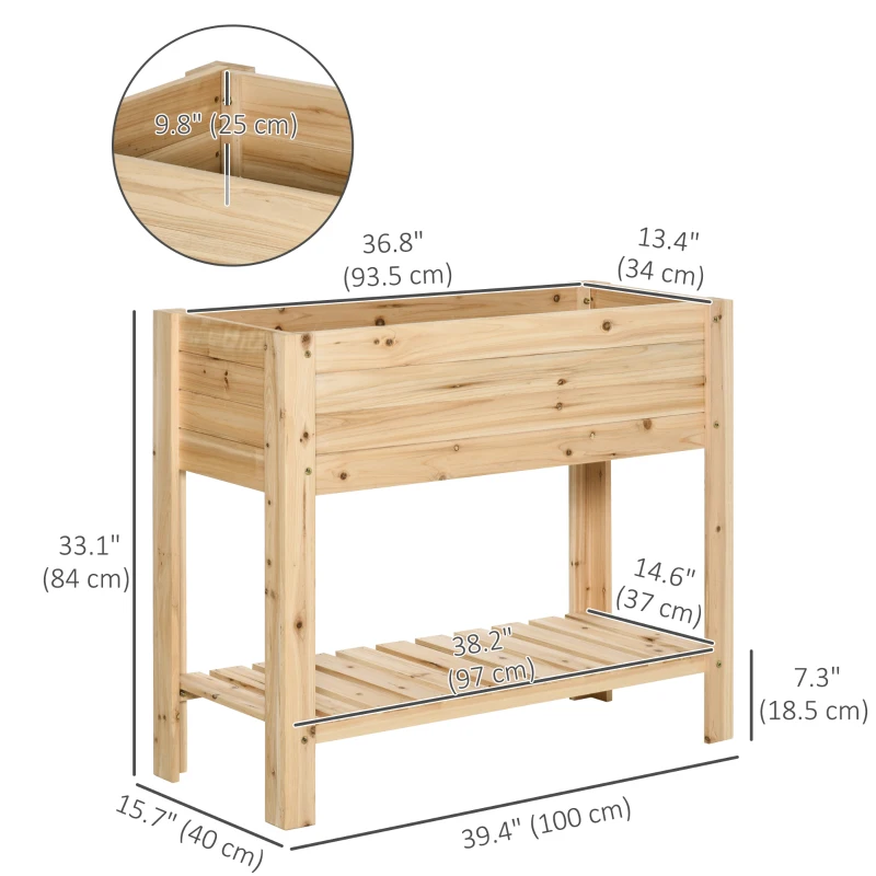Outsunny Raised Garden Bed with Legs, Elevated Box Planter with Storage Shelf, Bed Liner for Backyard Patio, Natural Wood