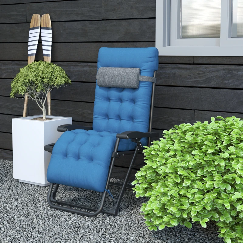 Outsunny Padded Folding Recliner Chair, Patio Lounger with Cupholder, Adjustable Backrest, Removable Cushion, Navy Blue