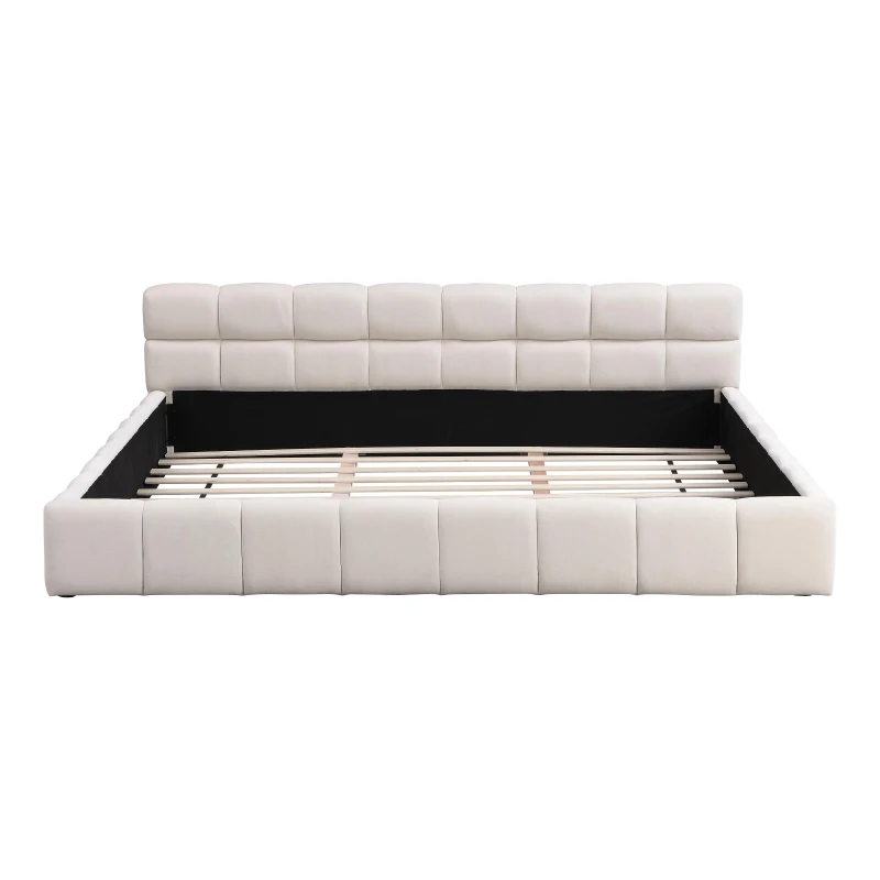 King-Size Chenille Upholstered Bed with Checkerboard Headboard, Durable Bed Frame for Homes and Families, 88'' L x 82.5'' W x 24.5'' H, Beige