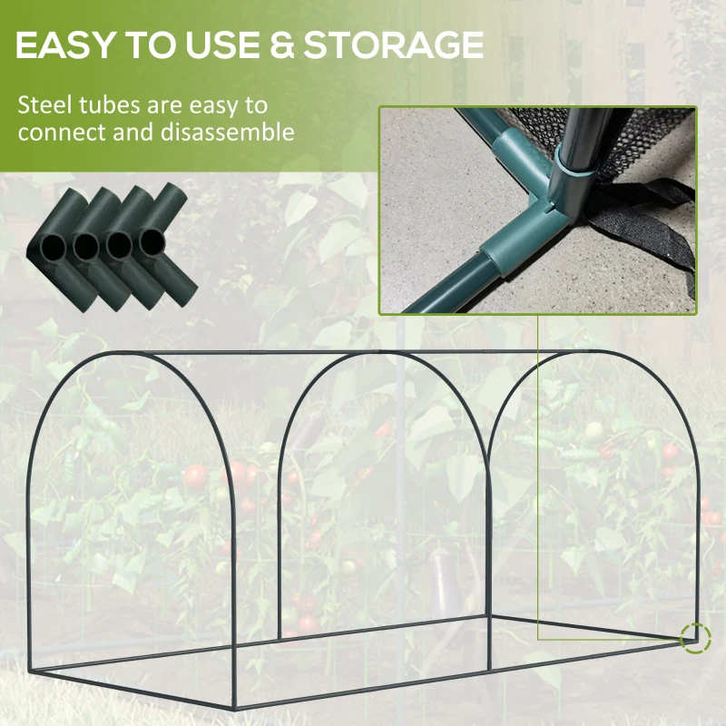 Outsunny 8' x 3' Crop Cage, Garden Plant Protector, with 3 Zippered Doors and 6 Ground Stakes, for Garden, Yard, Lawn Dark Green