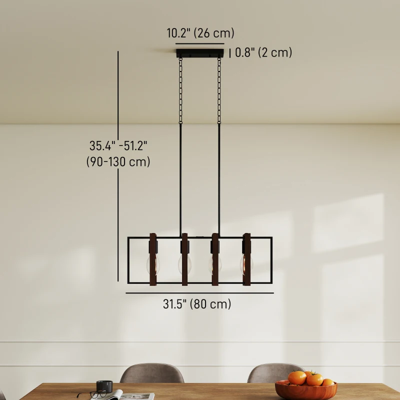 HOMCOM Farmhouse Kitchen Island Lighting, Linear Pendant Light with 4 Rotatable Frames and Adjustable Height, Walnut