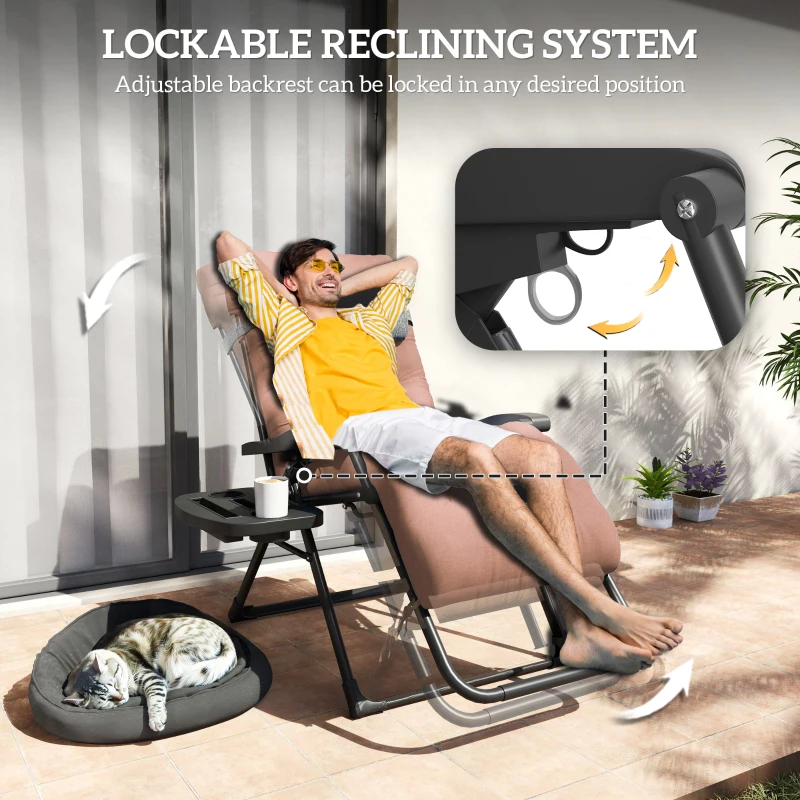 Outsunny Padded Folding Recliner Chair, Patio Lounger with Cupholder, Adjustable Backrest, Removable Cushion, Khaki