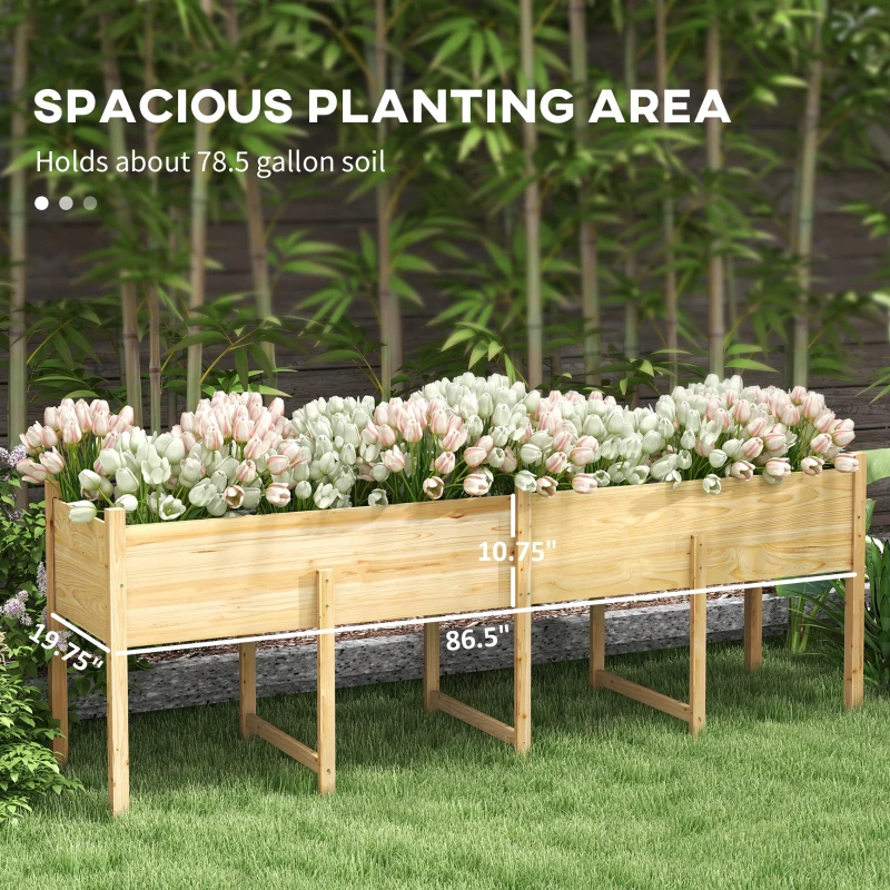 Outsunny Wooden Raised Garden Bed Planter, Large Elevated Planter Box with Legs, Bed Liner and Drain Holes, 7.4' x 1.8' x 2.6'