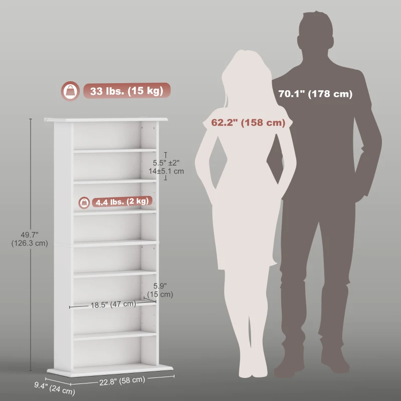 HOMCOM 8-Tier DVD Shelf with 6 Adjustable Shelves, Slim CD Shelf, Holds 360 CDs, 185 DVDs or 185 Blu-rays, White