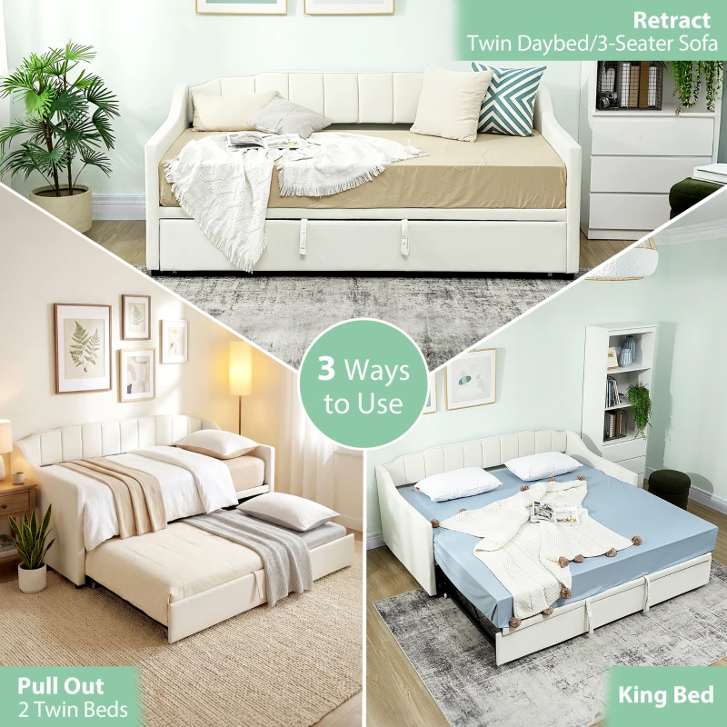 HOMCOM Upholstered Twin Trundle Bed, Extendable Twin to King Day Bed with Headboard and Armrests, Cream White