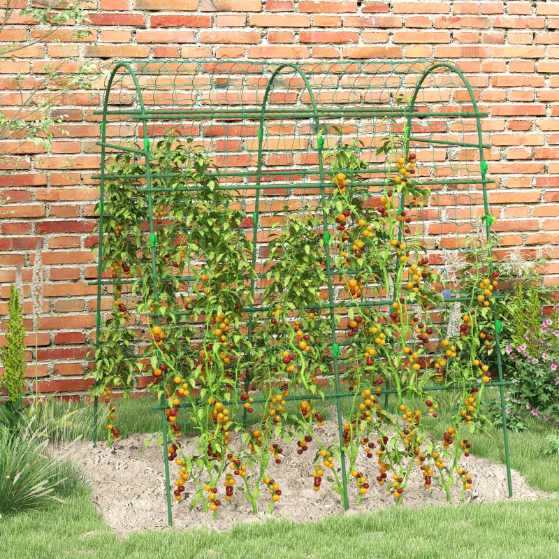 Outsunny Arched Garden Trellis w/ Climbing Net Metal Cucumber Plant Trellis A-Frame for Climbing Plants 57" x 66" x 81"