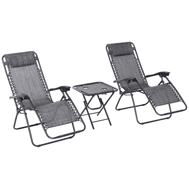 Outsunny Zero Gravity Chair Set of 2 Patio Chair with Side Table Cupholders and Pillows for Pool, Backyard, Lawn, Dark Grey