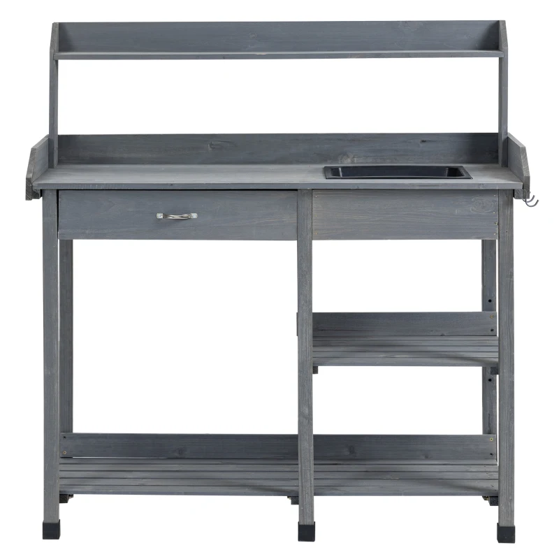 Outsunny Potting Bench Table Garden Work Bench Workstation with Drawer, Removable Sink, Storage Shelves and Hooks for Patio, Courtyards, Balcony