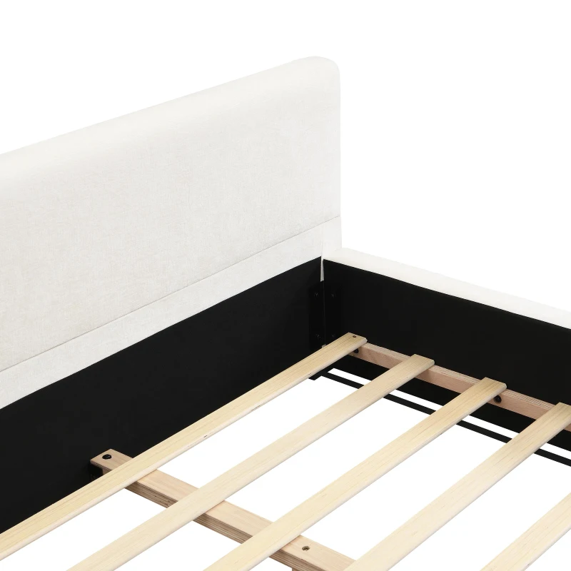 King Upholstered Wide-Edge Bed with 12 Wooden Slats, Breathable Fabric, Solid Bed Frame with 6 Support Legs, 87.5'' L x 83'' W x 27.5'' H, Beige