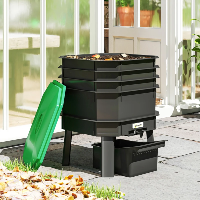 Outsunny 4-Tray Worm Composter Bin, 7.4 Gal Outdoor & Indoor Worm Composter for Recycling Food Waste, Dark Green