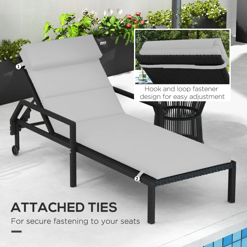 Outsunny Patio Chaise Lounge Chair Cushion Replacement Sun Lounger Pads with Headrest and Ties, Light Grey