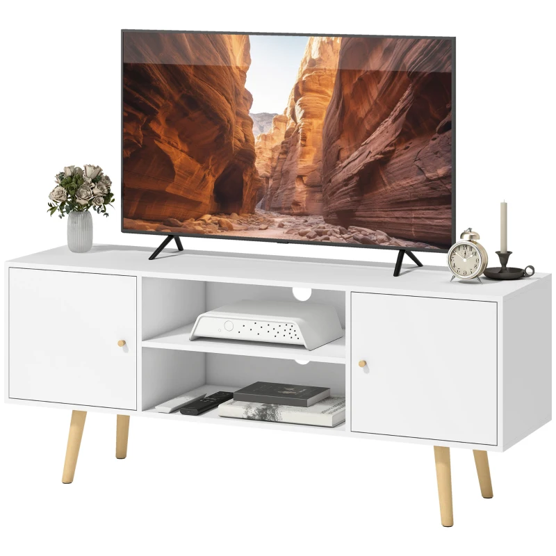HOMCOM TV Stand Cabinet for TVs up to 55 Inches, Entertainment Unit with Storage Shelves and Wood Legs for Living Room, White