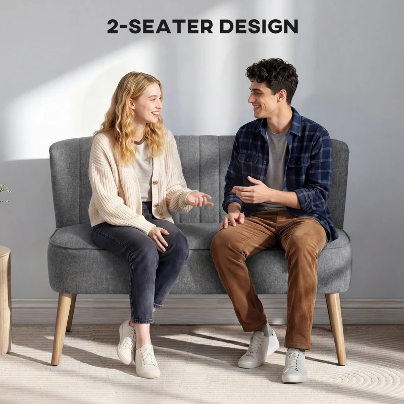 HOMCOM Modern 2 Seater Sofa, Upholstered Two Seater Couch with Rubber Wood Legs, Grey