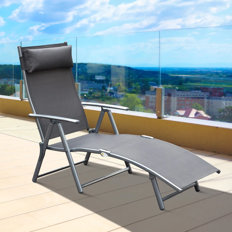 Outsunny Heavy-duty Adjustable Folding Reclining Chair Outdoor Sun Lounger Patio Chaise Lounge Garden Beach Gravity Lounge with Pillow, 7 Adjustable Backrest Positions, Grey
