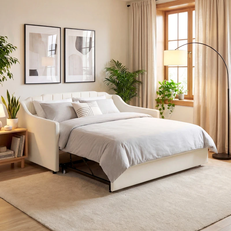 HOMCOM Upholstered Twin Trundle Bed, Extendable Twin to King Day Bed with Headboard and Armrests, Cream White