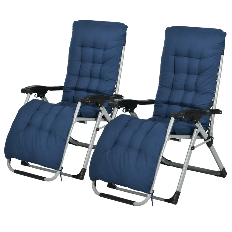 Outsunny Folding Garden Chairs Set of 2, Reclining Zero Gravity Chair, Sun Lounger with Cushion and Headrest, Dark Blue