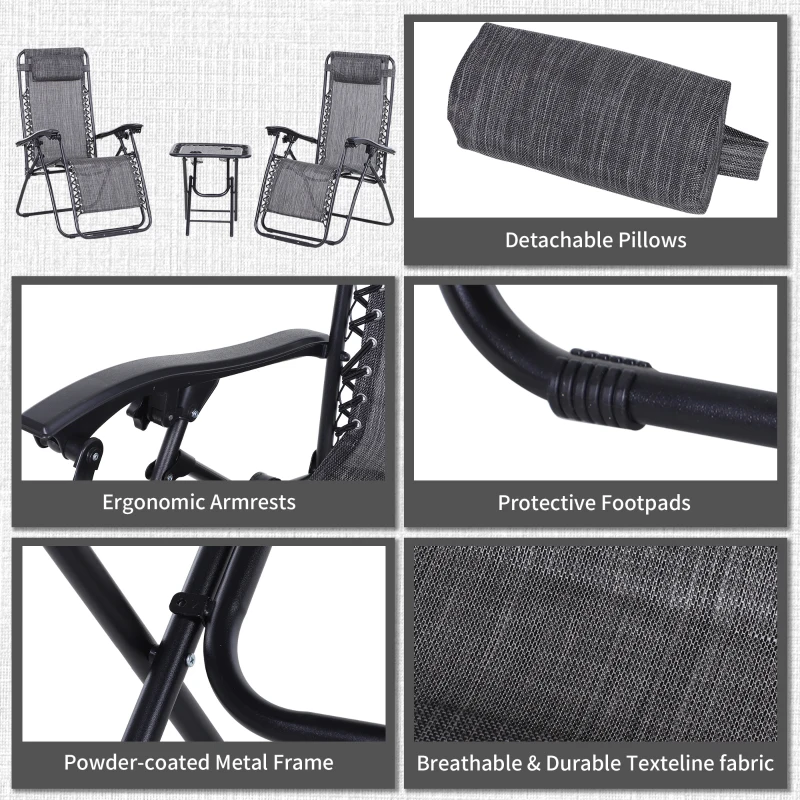 Outsunny Zero Gravity Chair Set of 2 Patio Chair with Side Table Cupholders and Pillows for Pool, Backyard, Lawn, Dark Grey