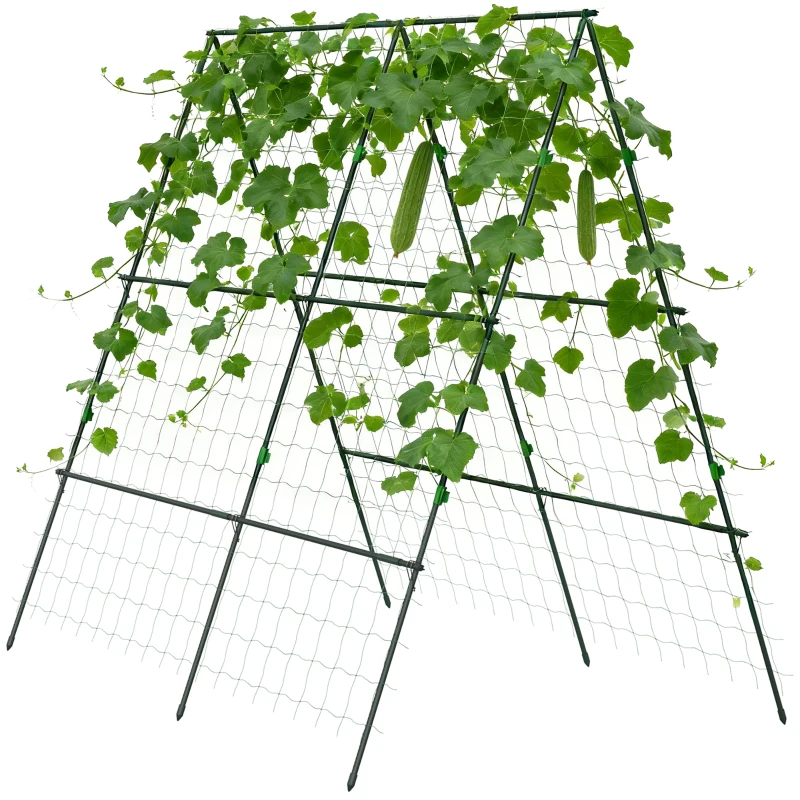 Outsunny 71" x 71" Metal Cucumber Trellis with Netting for Climbing Plants Vegetables, A Frame Tomato Plant Support Tomato Trellis for Vegetable Garden, Patio, Balcony, Green