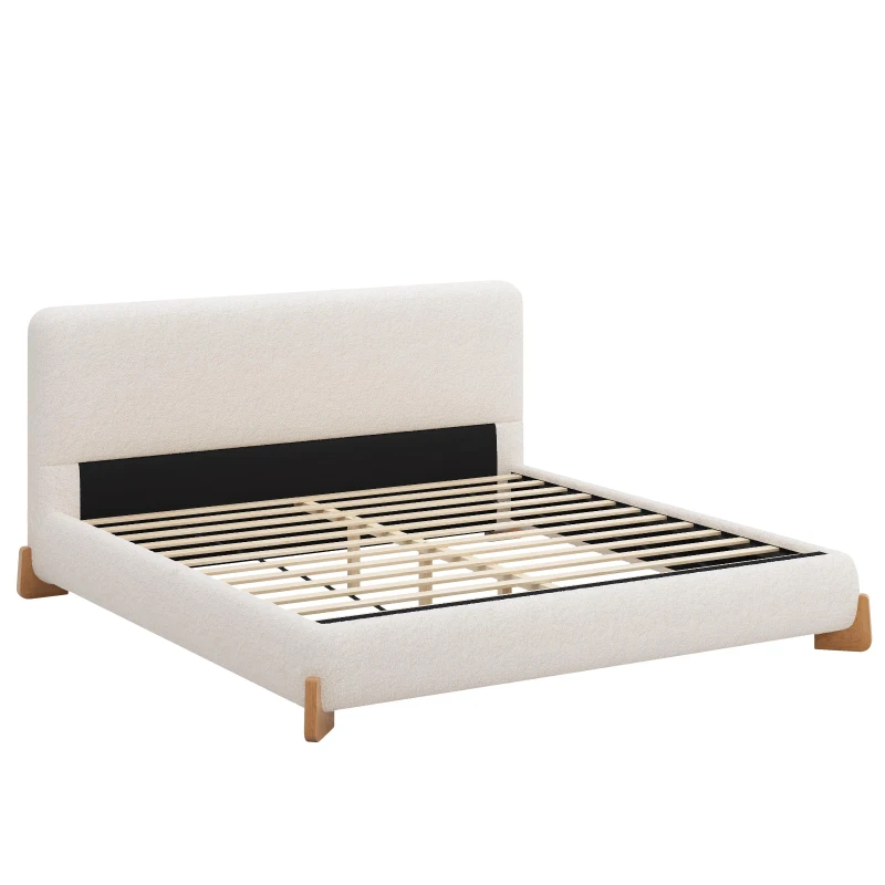 Boucle Upholstered King Bed with 12 Wooden Slats and Solid Feet, Comfortable Bed Frame for Superior Support, 88'' L x 85'' W x 38'' H, White
