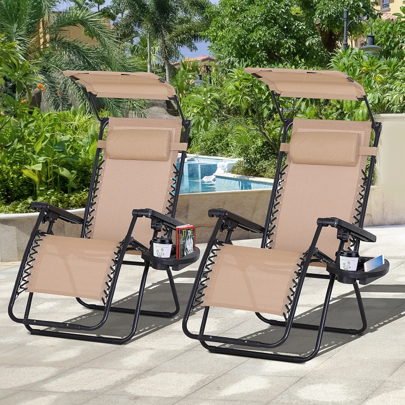 Outsunny 2 Piece Foldable Lounge Chair with Canopy Shade, Outdoor Zero Gravity Chair with Side Tray & Cup Holder, Reclining Lounger with Breathable Mesh Fabric Seat, Pillow, Beige