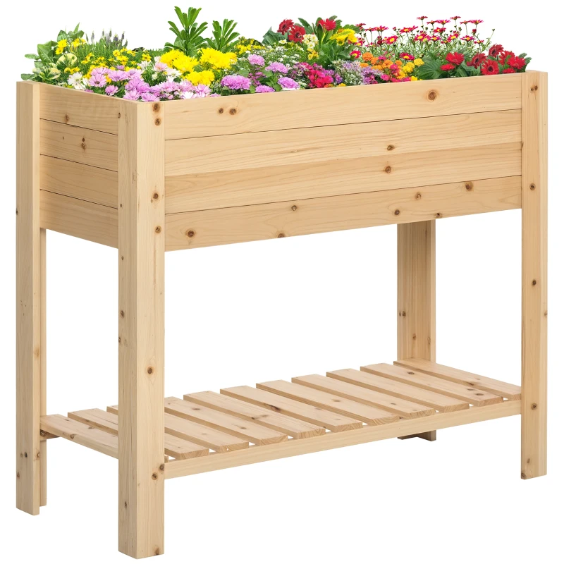 Outsunny Raised Garden Bed with Legs, Elevated Box Planter with Storage Shelf, Bed Liner for Backyard Patio, Natural Wood