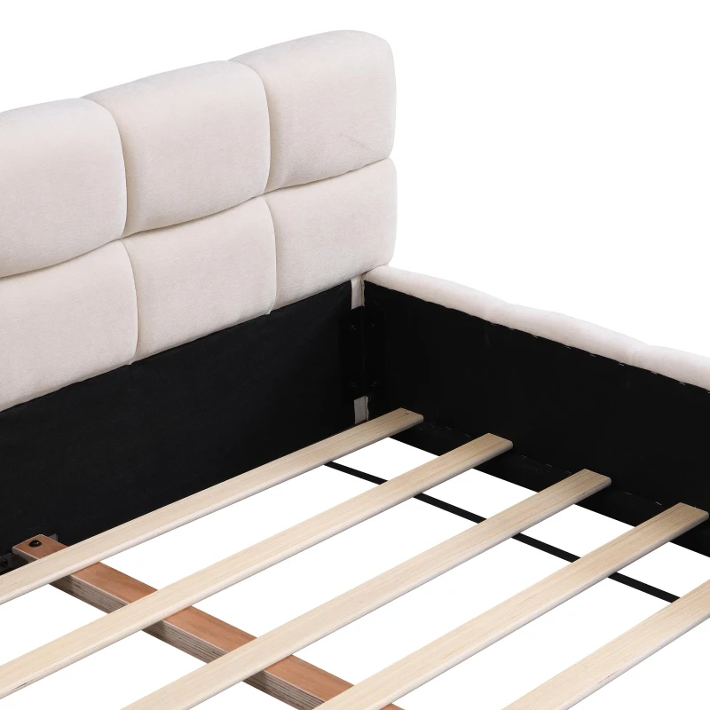 King-Size Chenille Upholstered Bed with Checkerboard Headboard, Durable Bed Frame for Homes and Families, 88'' L x 82.5'' W x 24.5'' H, Beige