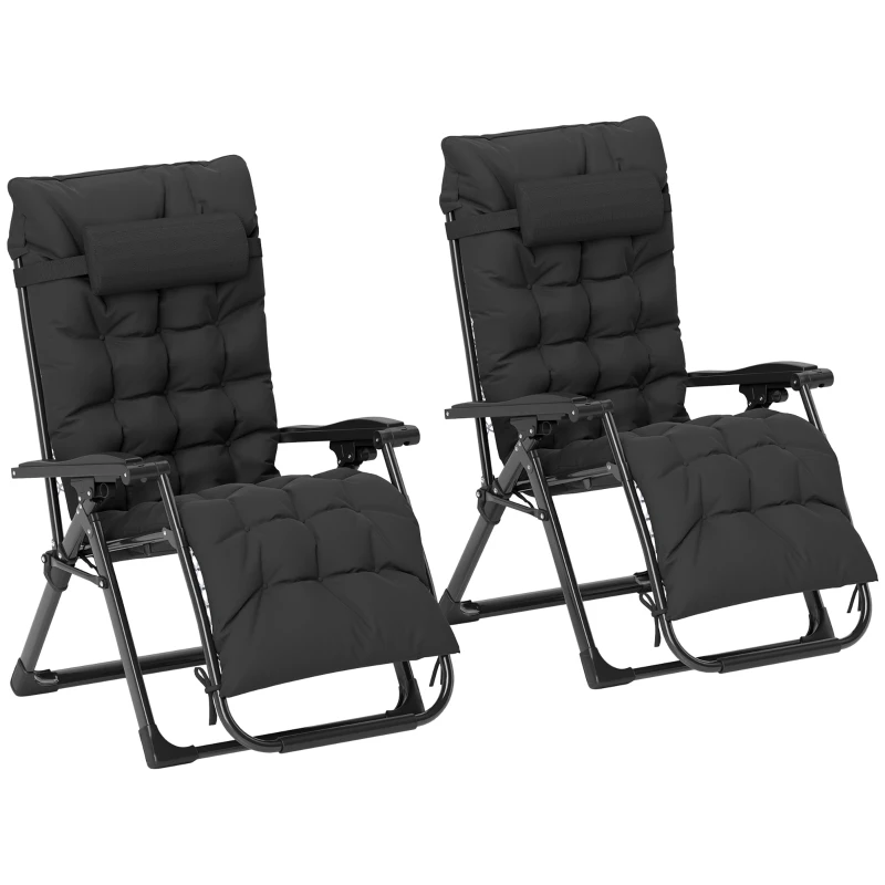 Outsunny Folding Garden Chairs Set of 2, Reclining Zero Gravity Chair, Sun Lounger with Cushion and Headrest, Black