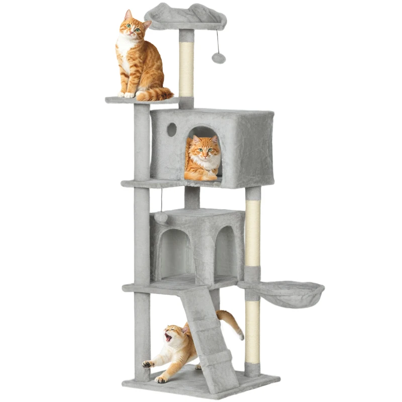 PawHut 63 Inch Cat Tree with Sisal Scratching Posts, Condos, Plush Perches, Hammock, Ladder, Dangling Balls, Light Grey