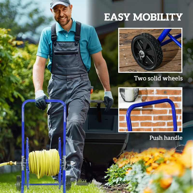 Outsunny 98 ft of 5/8" Hose Reel Cart (Hose Not Included), Garden Water Hose Carts with Wheels for Yard, Lawn, Blue