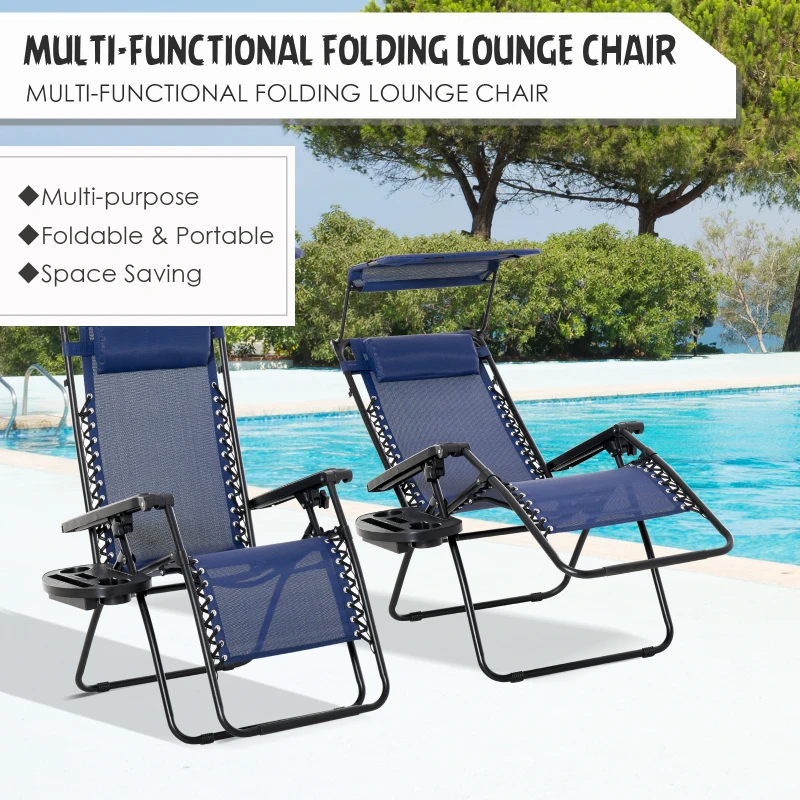 Outsunny 2 Piece Foldable Lounge Chair with Canopy Shade, Outdoor Zero Gravity Chair w/ Side Tray & Cup Holder, Reclining Lounger w/ Breathable Mesh Fabric Seat, Pillow, Blue