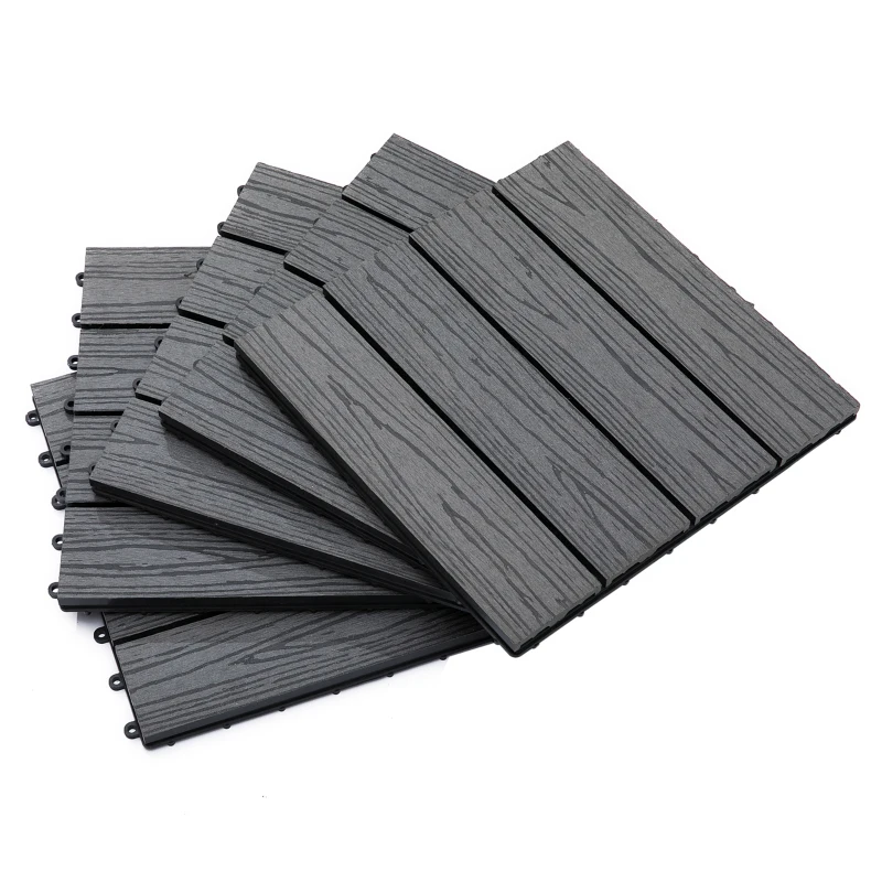 Outsunny WPC Interlocking Deck Tiles, 11 Pack 12" x 12" Outdoor Tiles, Tools Free Assembly, Waterproof and Non-slip Patio Flooring, Grey