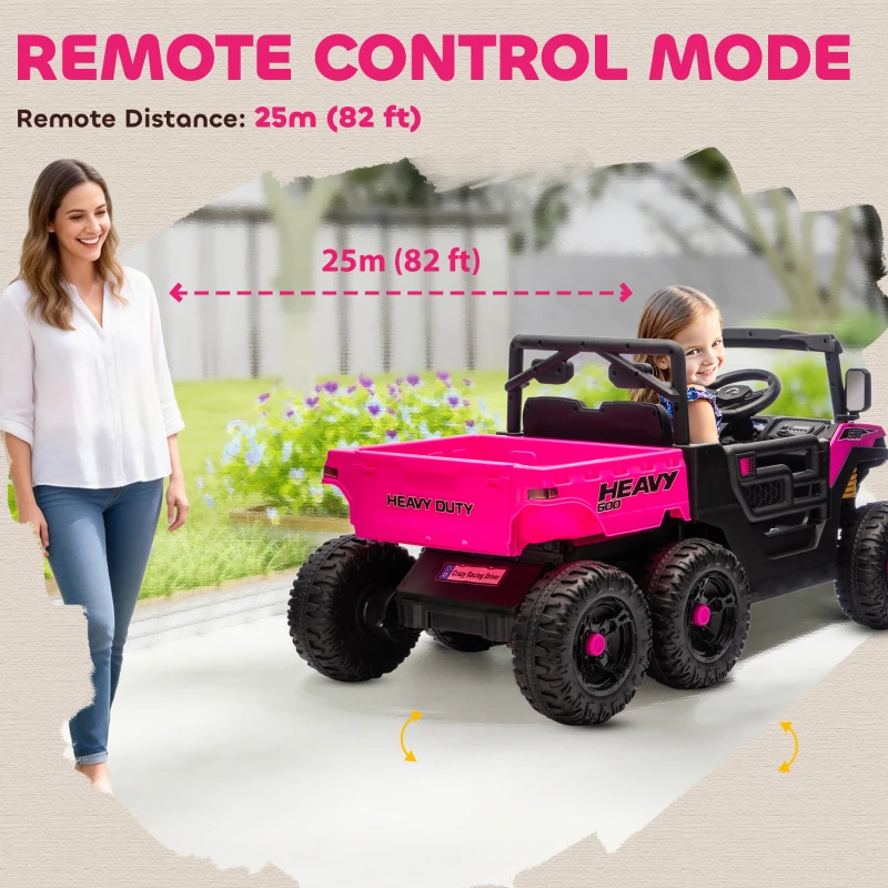 Qaba 24V 4WD Kids Ride On Truck with 6 Wheels Electric Ride On Car with Remote, Dump Bed for 3-8 Years, Pink