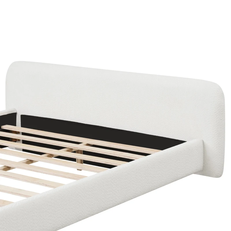 King-Size Boucle Upholstered Bed with 3 Support Legs, Minimalist Bed Frame with Birch Wood Construction, 87.5'' L x 87'' W x 24'' H, White