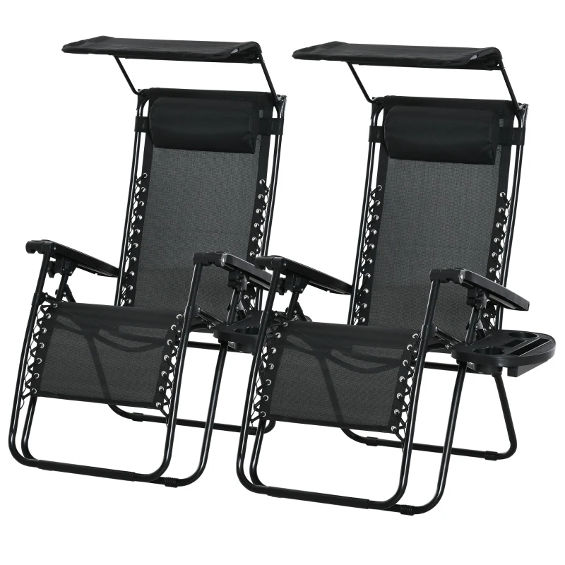 Outsunny 2 Piece Foldable Lounge Chair with Canopy Shade, Outdoor Zero Gravity Chair w/ Side Tray & Cup Holder, Reclining Lounger w/ Breathable Mesh Fabric Seat, Pillow, Black