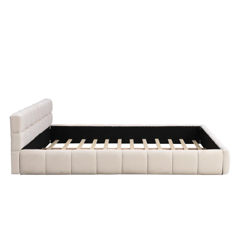 King-Size Chenille Upholstered Bed with Checkerboard Headboard, Durable Bed Frame for Homes and Families, 88'' L x 82.5'' W x 24.5'' H, Beige