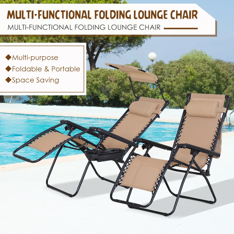 Outsunny 2 Piece Foldable Lounge Chair with Canopy Shade, Outdoor Zero Gravity Chair with Side Tray & Cup Holder, Reclining Lounger with Breathable Mesh Fabric Seat, Pillow, Beige