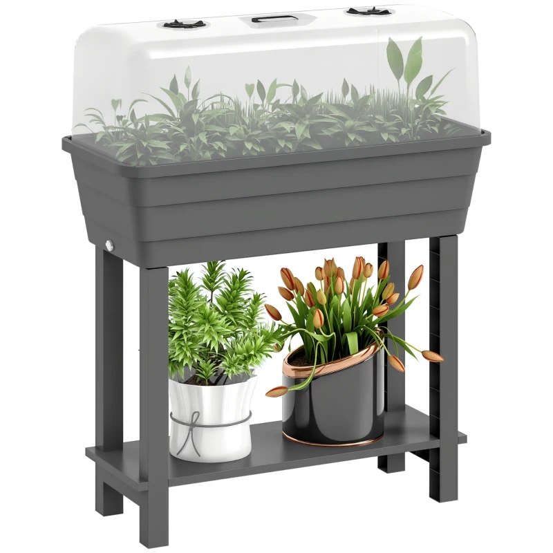 Outsunny 41L Self Watering Raised Garden Bed w/ Ventilation Transparent Lid Greenhouse, Planter Box w/ Storage Shelf, Dark Grey