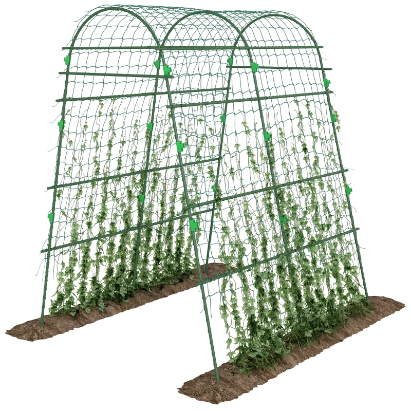 Outsunny Arched Garden Trellis w/ Climbing Net Metal Cucumber Plant Trellis A-Frame for Climbing Plants 57" x 66" x 81"