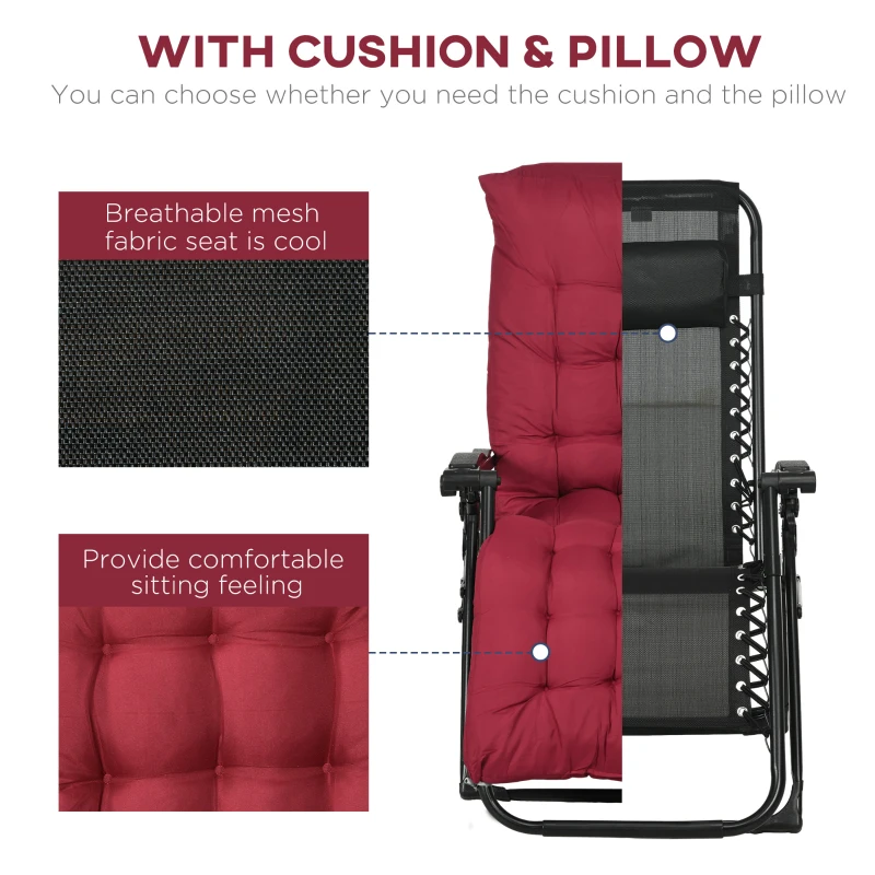 Outsunny Folding Garden Chairs Set of 2, Reclining Zero Gravity Chair, Sun Lounger with Cushion and Headrest, Wine Red