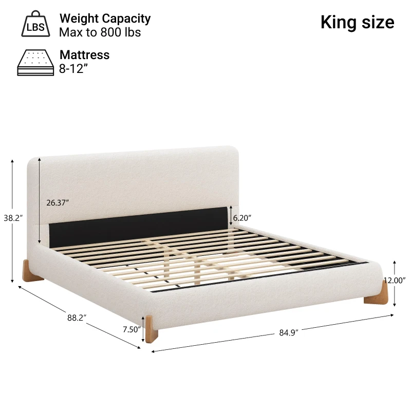 Boucle Upholstered King Bed with 12 Wooden Slats and Solid Feet, Comfortable Bed Frame for Superior Support, 88'' L x 85'' W x 38'' H, White