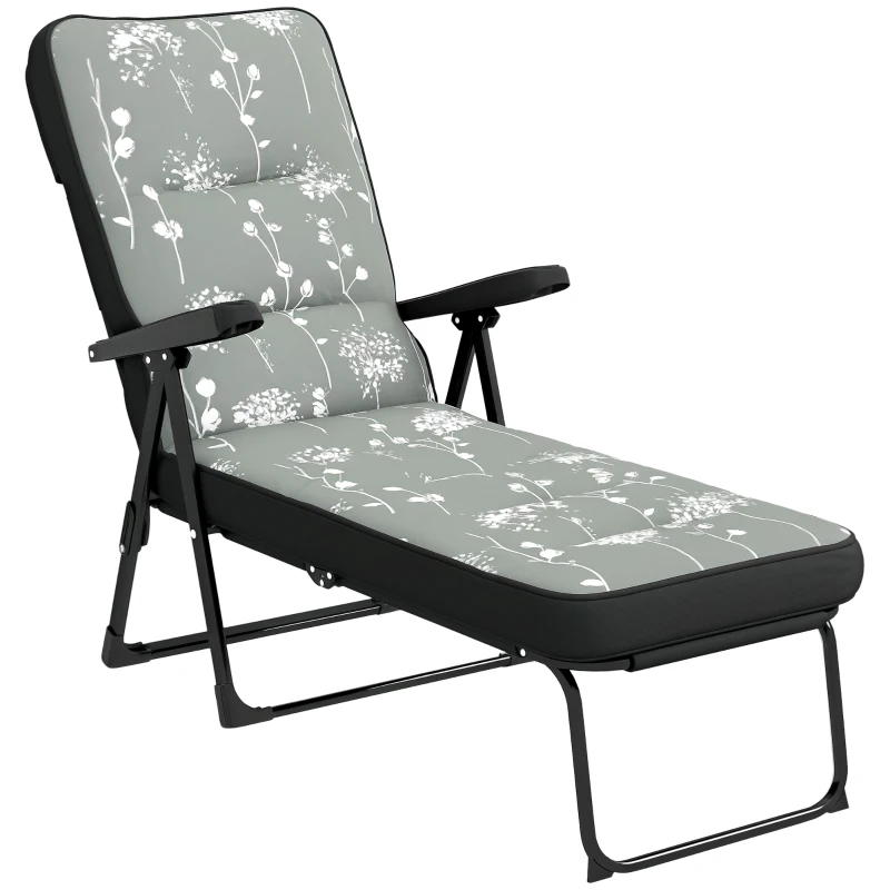 Outsunny Outdoor Lounge Chair with Padded Cushion, Folding Reclining Patio Garden Chair with Recline Back, Footrest, for Poolside, Patio, Grey