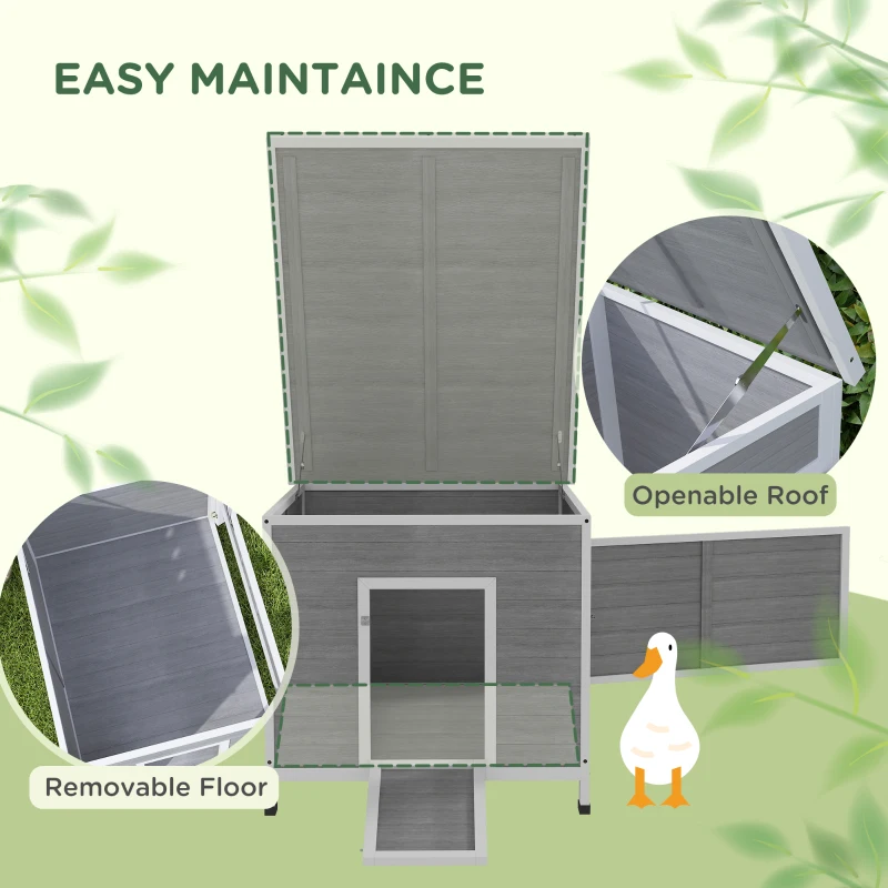 PawHut Duck Coop, Wooden Chicken House Rabbit Hutch with Openable Roof, Removable Floor, Double Doors, Ramp, Grey