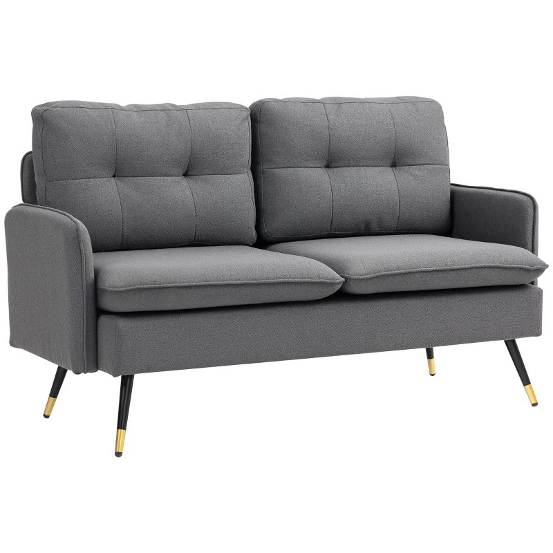 HOMCOM 55" Loveseat Sofa, Linen Love Seat w/ S spring, Steel Legs and Button Tufting, Small Couch for Living Room, Dark Grey