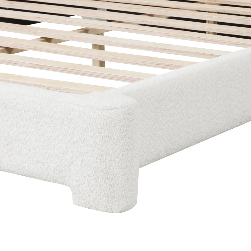Queen Bouclé Upholstered Bed with 10 Slats, 3 Central Support Legs, Birch Wood Frame for Modern Condos, 87'' L x 71.5'' W x 24'' H, White