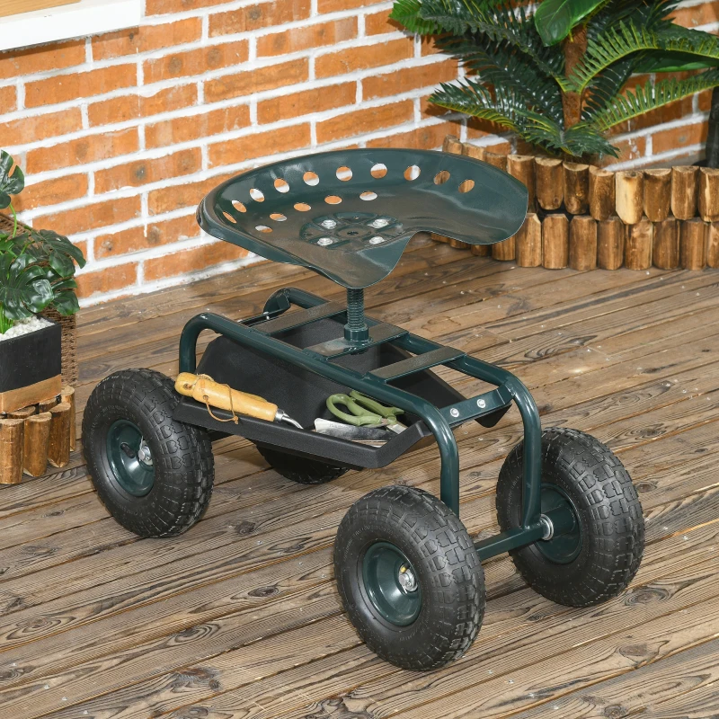 Outsunny Garden Cart Garden Seat on Wheels with Tool Tray, 360° Swivel and Height Adjustable Seat, for Patio and Yard