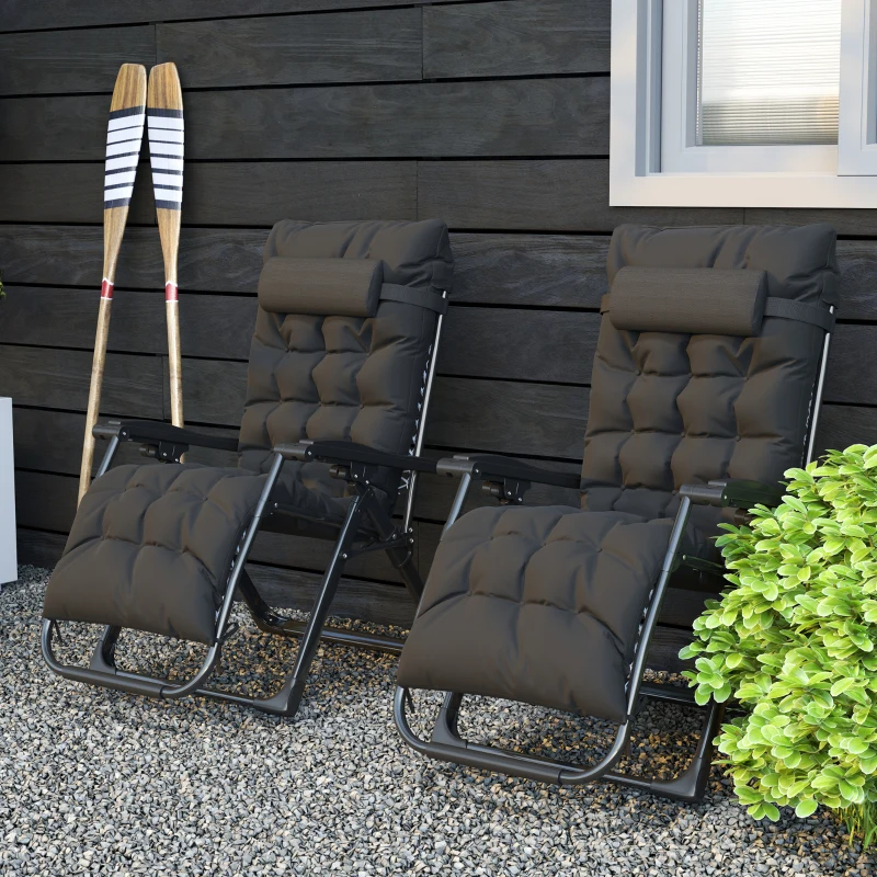 Outsunny Folding Garden Chairs Set of 2, Reclining Zero Gravity Chair, Sun Lounger with Cushion and Headrest, Black